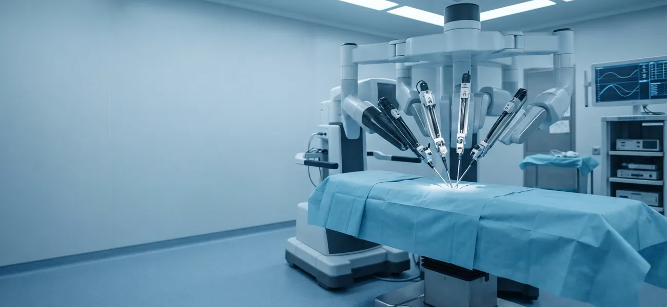 03-robotik-prostat-ameliyati Robotik cerrahi sisteminin kolları ve ameliyat masası